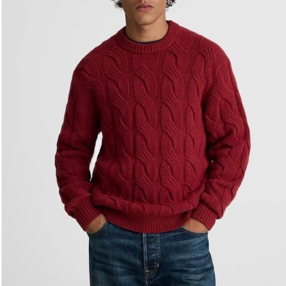 Madewell Cable Knit Crewneck Sweater Mens XS Heather Garnet Red Wool Blend